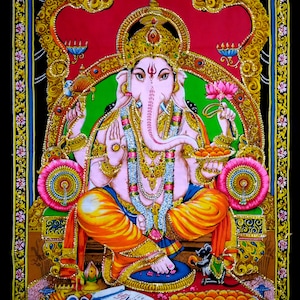 Tapestry Indian Lord Ganpati Sequin Poster 40*30 Inches Wall Hanging Bohemian Ethnic Art Cotton God Ganesh