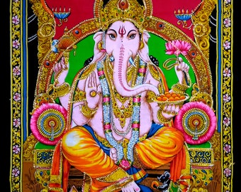 Tapeçaria Lord Ganpati: tapeçaria de parede de algodão com lantejoulas indianas (101 x 76 cm)