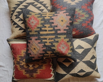 Kilim Jute Cushion Cover Set: Ethnic Home Decor Pillows, 18x18