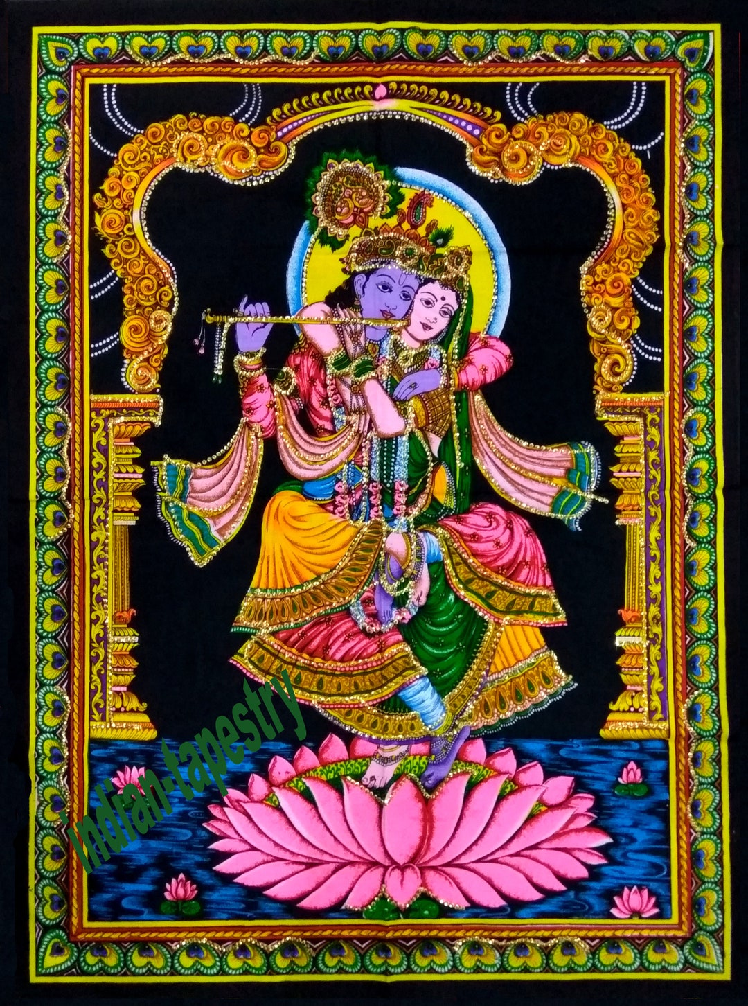 Indian God Radha Krishna Tapestry Sequin Poster Wall Hanging Home