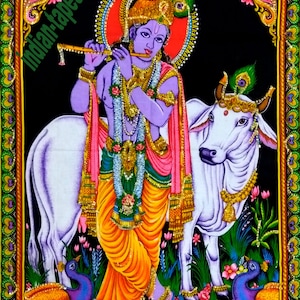 Nuevo póster de tapiz de lentejuelas de Krishna, 40 x 30 pulgadas, dios indio, colgante de pared, decoración bohemia para el hogar, arte de algodón