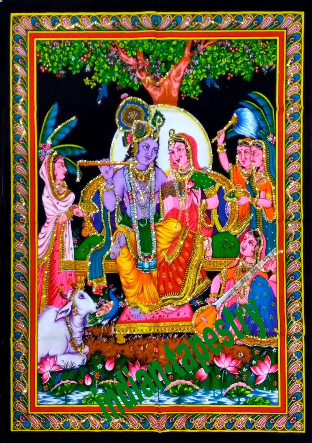 Indian God Radha Krishna Tapestry Sequin Poster Religious Wall Hanging