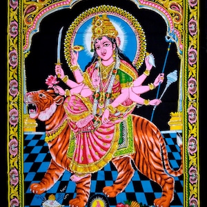 Tapestry 100% Cotton Sequin Wall Hanging Goddess Ambey Durga Ma Poster Home Decorative Wall Art Wall Decor Birthday Gift 40x30 Inches