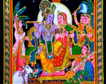 Radha Krishna Tapisserie: Indischer Wandbehang aus Baumwolle 40x30 Inches