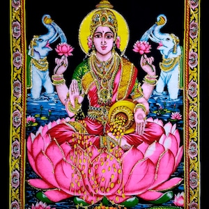 Tapiz de la diosa india Laxmi, colgante de pared bohemio, póster religioso con lentejuelas
