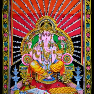 Indian Handmade Sequin Cotton Tapestry Lord Ganesha Wall Deco Home Decorative Wall Hanging Religious Poster 40x30 Inches Gift Art
