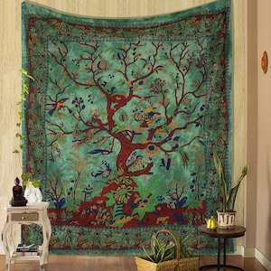 Green Tree Of Life Tapestry Tie-Dye Twin Wall Hanging Home Decor Throw Bohemian Bed Spread