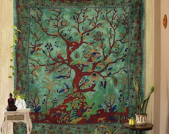 Green Tree Of Life Tapestry Tie-Dye Twin Wall Hanging Home Decor Throw Bohemian Bed Spread