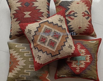Jute Kilim Cushion Cover 18x18 Decorative Pillowcase Handwoven Pillow Cover Vintage Throw Cushion