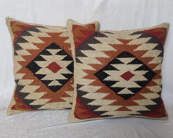 Handwoven Jute Kilim Pillow Cover Set: Vintage Ethnic Throw Pillows