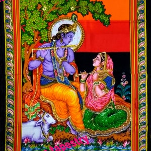 Tapiz de algodón indio Lord Radha Krishna para colgar en la pared, póster religioso decorativo para el hogar, estilo bohemio