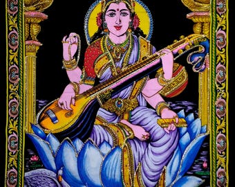 Indian Goddess Maa Saraswathi Sequin Tapestry Bohemian Wall Hanging Home Decorative Poster Ethnic Religious