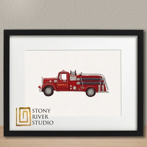 May include: A red toy fire truck with the words "F.D.N.Y." on the side. The truck has a ladder and hoses on the back. The truck is on a white background.