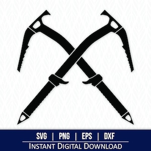 May include: A black silhouette of two crossed ice axes, a common tool used for mountaineering and ice climbing.