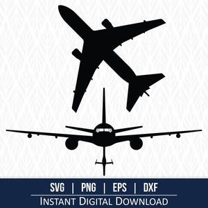 Puede incluir: Siluetas negras de aviones sobre un fondo blanco. Un avión se ve desde arriba, el otro de frente. La parte inferior de la imagen contiene el texto "SVG | PNG | EPS | DXF INSTANT DIGITAL DOWNLOAD".