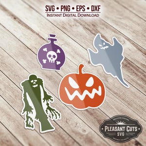 May include: A set of five Halloween-themed SVG cut files. The files include a ghost, a pumpkin, a monster, a potion bottle with a skull and crossbones, and a text graphic that says "Pleasant Cuts SVG".