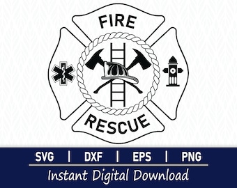 May include: Black and white illustration of a fire rescue emblem. The emblem features a cross with a star of life, a fire hydrant, an axe, a ladder, and a firefighter's helmet. The words "FIRE" and "RESCUE" are written in a bold font.