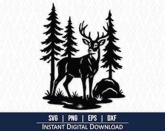 May include: Black silhouette of a deer with large antlers standing between three stylized pine trees. The image is a digital design, with the words "SVG | PNG | EPS | DXF" and "INSTANT DIGITAL DOWNLOAD" at the bottom.