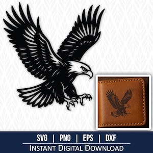 Può includere: Grafica in bianco e nero di un'aquila in volo, con le ali spiegate. Viene mostrato anche un portafoglio in pelle marrone con un disegno di aquila inciso. L'immagine include il testo "SVG | PNG | EPS | DXF DOWNLOAD DIGITALE IMMEDIATO."
