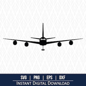 Könnte beinhalten: Eine schwarze Silhouette eines Düsenflugzeugs, von vorne gesehen, mit vier Triebwerken unter den Flügeln. Das Bild ist ein digitaler Download, wie durch den Text unten angegeben: SVG | PNG | EPS | DXF SOFORTIGER DIGITALER DOWNLOAD.