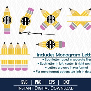 Pencil Monogram SVG: School Name Tag Clipart (Digital Download)