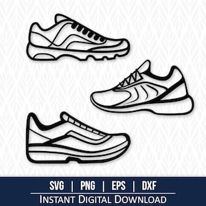 May include: Three black and white outline illustrations of sneakers. The sneakers are different styles, with laces and a variety of designs.