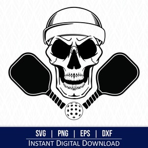 May include: Black and white illustration of a skull wearing a hat and holding two pickleball paddles. A pickleball is in the center of the paddles.