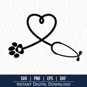 May include: Black and white silhouette of a stethoscope with a heart shape and a paw print with a heart inside. The design is perfect for a veterinarian or animal lover.