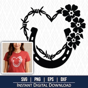 Svg coeur en fil de fer barbelé, fer à cheval, cow-girl svg, éleveur svg, svg fille de la campagne, cow-girl pour cricut, silhouette, gravure laser et plus