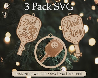 3-pack Pickleball julgransprydnad SVG laserskuren fil (digital nedladdning)