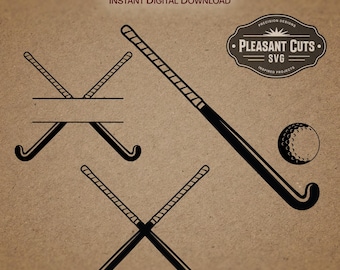 May include: Two black field hockey sticks crossed over each other. The sticks have a brown, rope-like texture. A single black and white golf ball is in the upper right corner of the image. The text "PLEASANT CUTS. SVG" is in a circle with a starburst design.