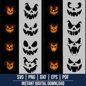 May include: A digital download graphic featuring a collection of Halloween pumpkin carving stencils. The image includes lit jack-o'-lanterns and black silhouette designs of various spooky faces. The bottom of the image displays file type options: SVG, PNG, DXF, EPS, and PDF.