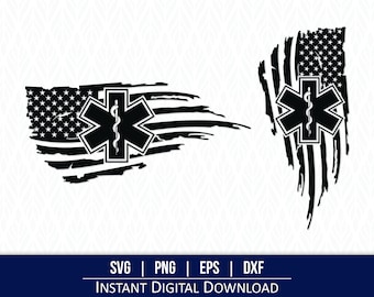 May include: Black and white graphic featuring the American flag with a distressed design. The Star of Life symbol, a six-pointed star with a serpent-entwined staff, is centered on the flag. The image includes the text "SVG | PNG | EPS | DXF INSTANT DIGITAL DOWNLOAD."