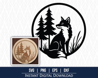 Fox Forest SVG | Round Woodland Animal Cut File | Rustic Fox Silhouette for Cricut, Laser, Wood Engraving | png dxf eps Download