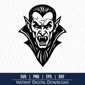 May include: A black and white illustration of a vampire's face with sharp fangs and an angry expression. The vampire has a high collar and pointed ears. The image includes the text "SVG | PNG | EPS | DXF INSTANT DIGITAL DOWNLOAD".