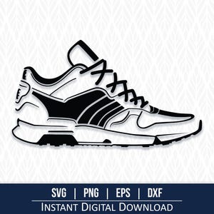 Può includere: Silhouette in bianco e nero di una scarpa da corsa con suola spessa e lacci. La scarpa ha un design distintivo con un grande swoosh sul lato.
