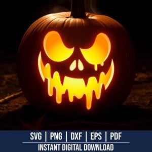 May include: A carved pumpkin with a glowing, menacing face, lit from within. The pumpkin's features include triangular eyes and a jagged, dripping mouth. The image includes the text: SVG | PNG | DXF | EPS | PDF INSTANT DIGITAL DOWNLOAD.