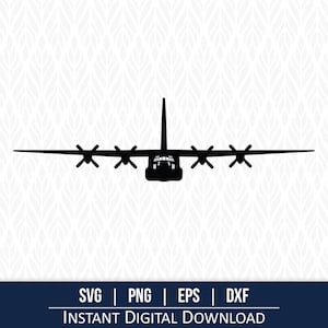 May include: Black silhouette of a military transport aircraft, featuring four propellers on each wing and a vertical stabilizer. The image includes the text "SVG | PNG | EPS | DXF" and "INSTANT DIGITAL DOWNLOAD".