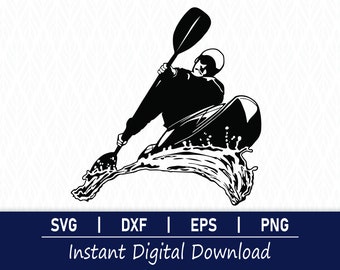 May include: Black and white silhouette of a person kayaking with a paddle in a splash of water.