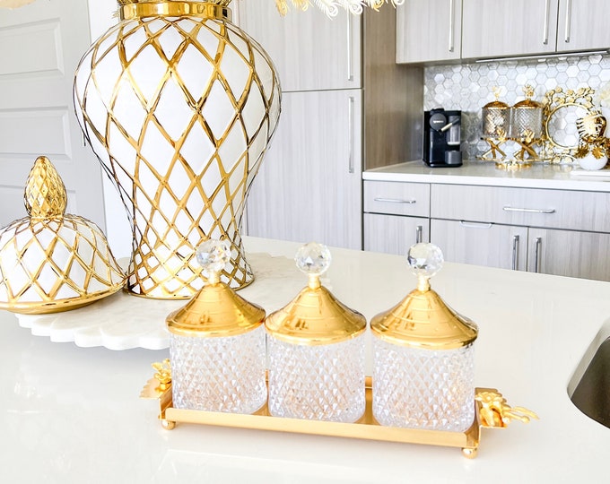Gold Canisters set of 4 Gold Glam Canister With Tray Gold Etsy