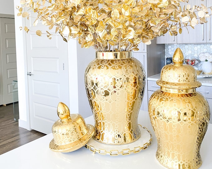 Gold Ginger Jar, Ginger Jar Vase, Gold Ceramic Vase, Gold Pattern