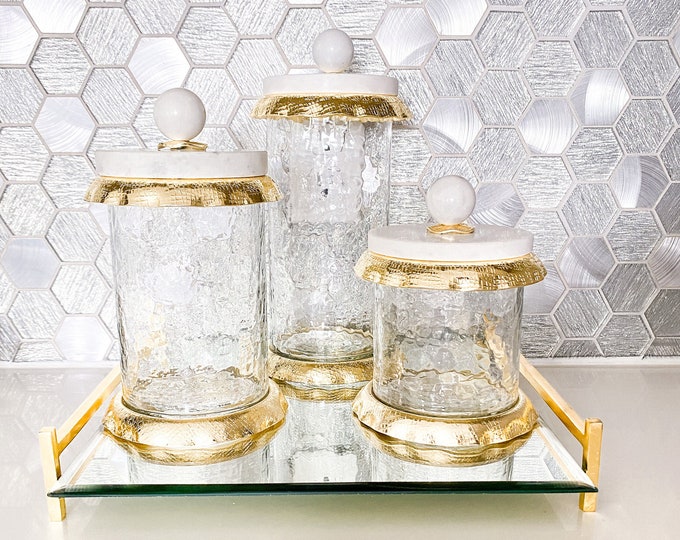 Gold Canister, Marble Canisters Gold Jars, Gold Candy, Marble and Gold