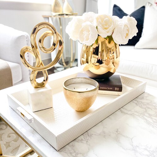 White Leather Tray Gold Tray Decorative Tray Coffee Table Etsy