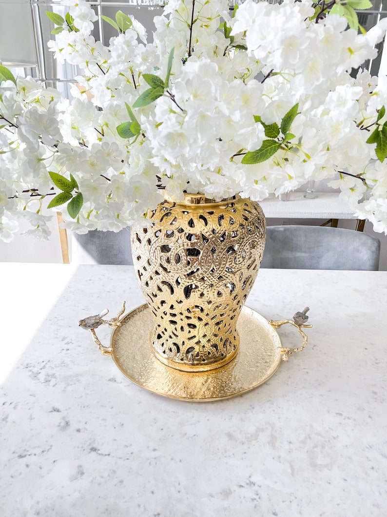 Large Round Gold Hammered Tray Gold Hammered Tray Coffee Etsy