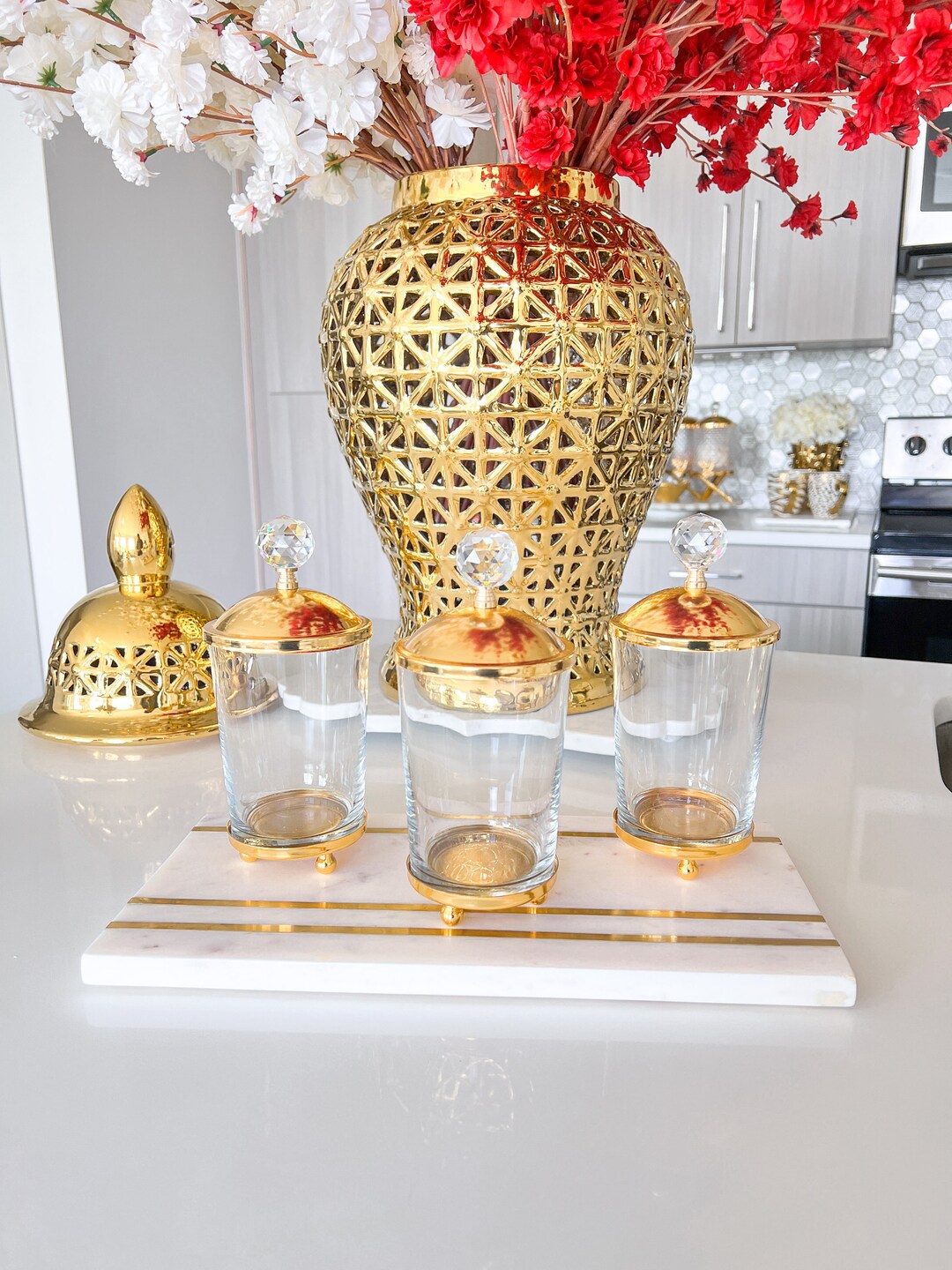 Gold Glass Canister set of 3 Gold Kitchen Canisters Gold Etsy
