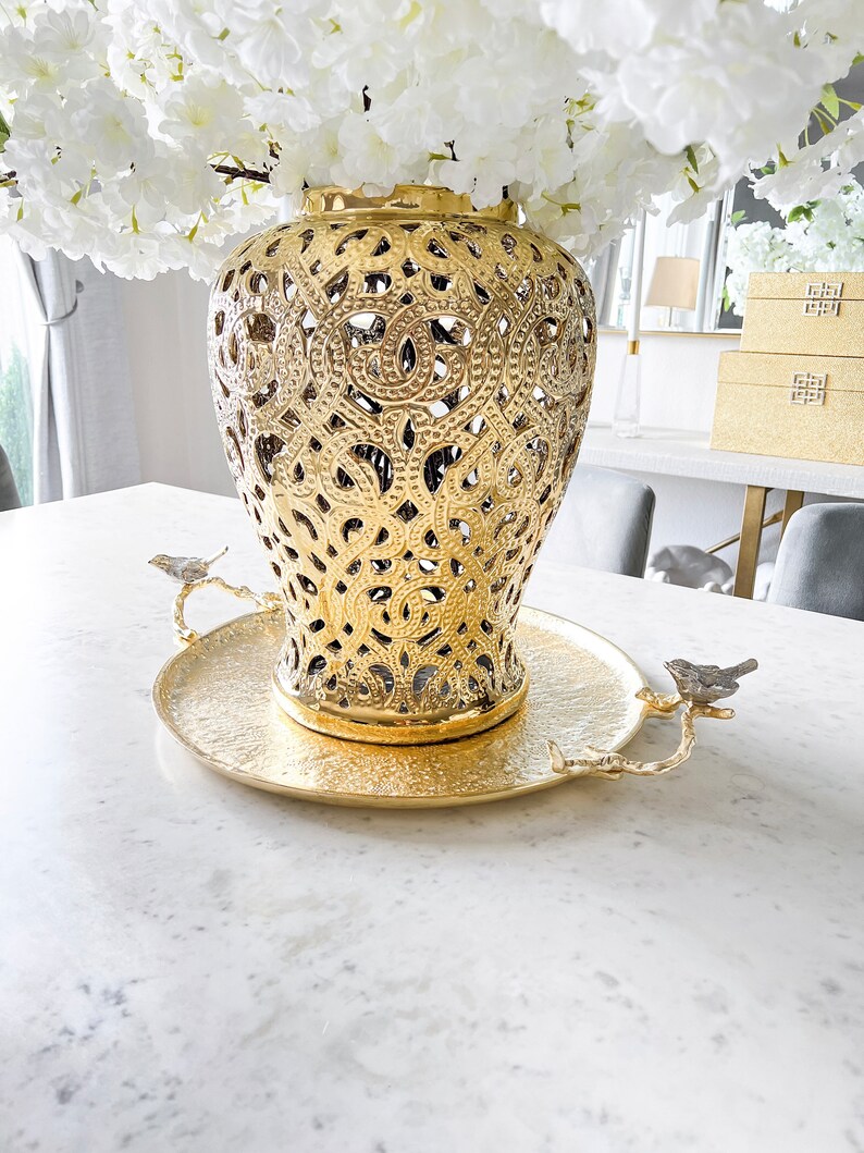 Large Round Gold Hammered Tray Gold Hammered Tray Coffee Etsy