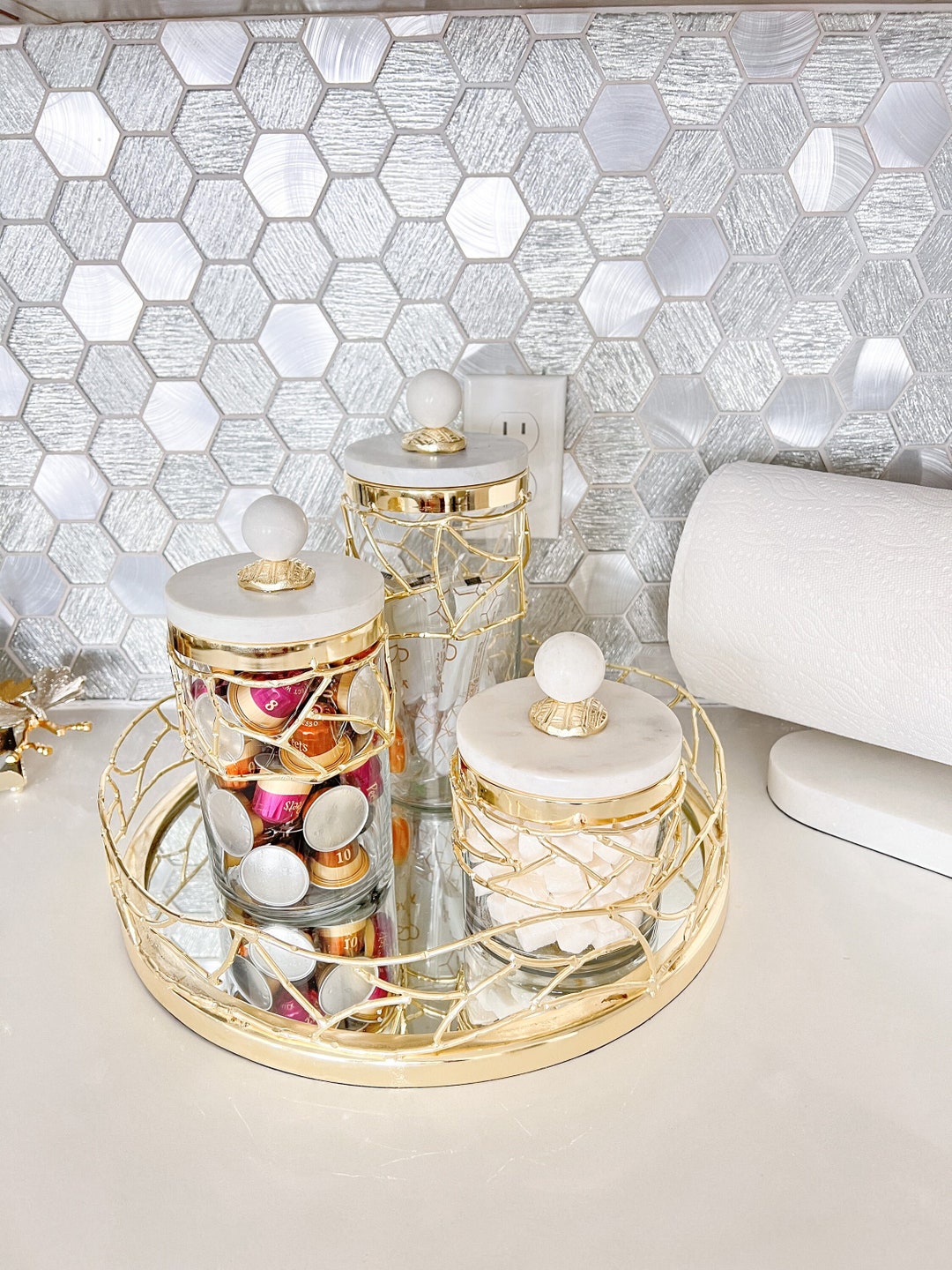 Large Round Mirror Tray Gold Round Tray Gold Canisters Tray Etsy