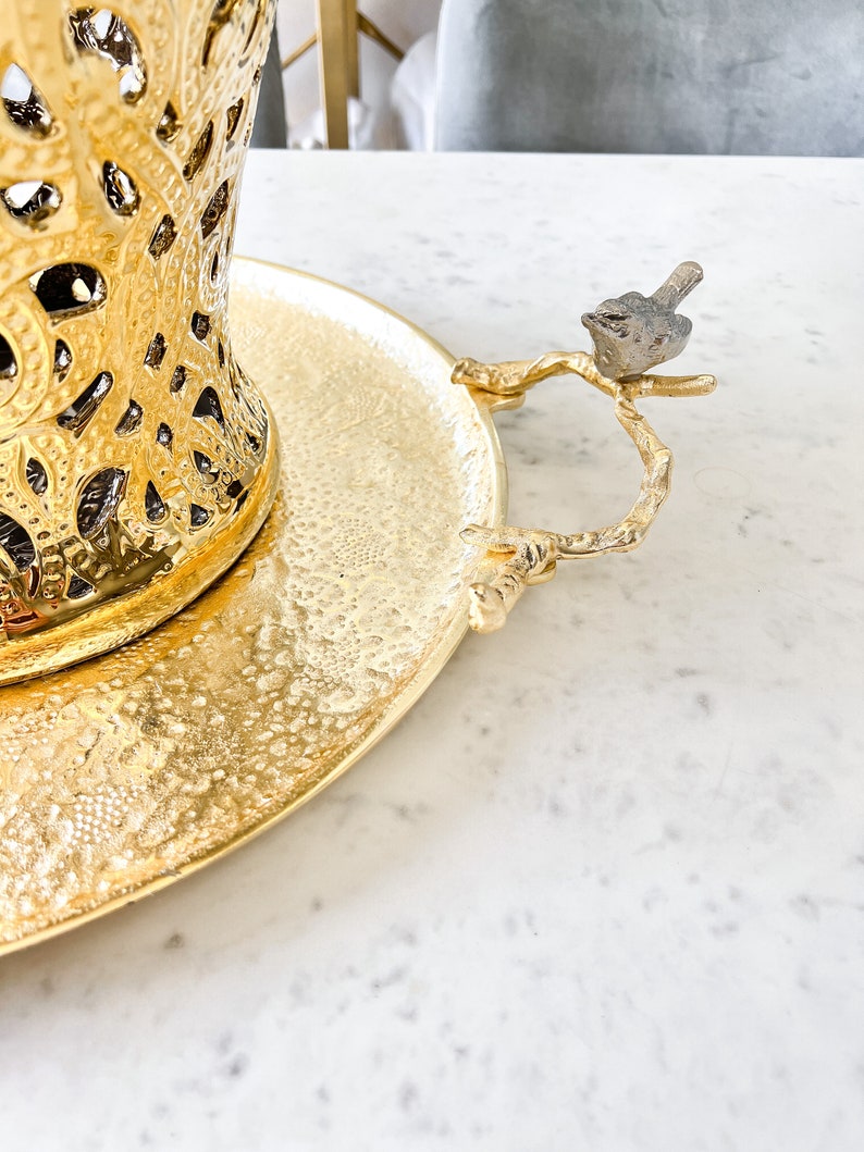 Large Round Gold Hammered Tray Gold Hammered Tray Coffee Etsy