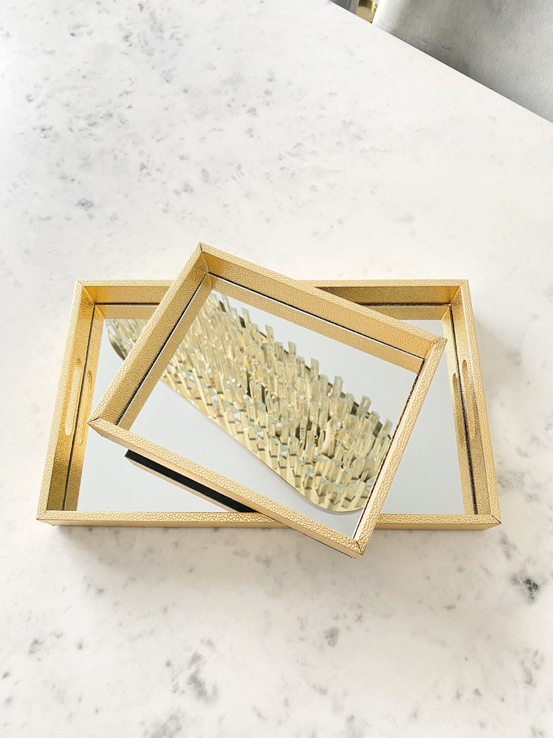 Gold Leather Tray Gold Mirrored Tray Decorative Tray Gold Etsy