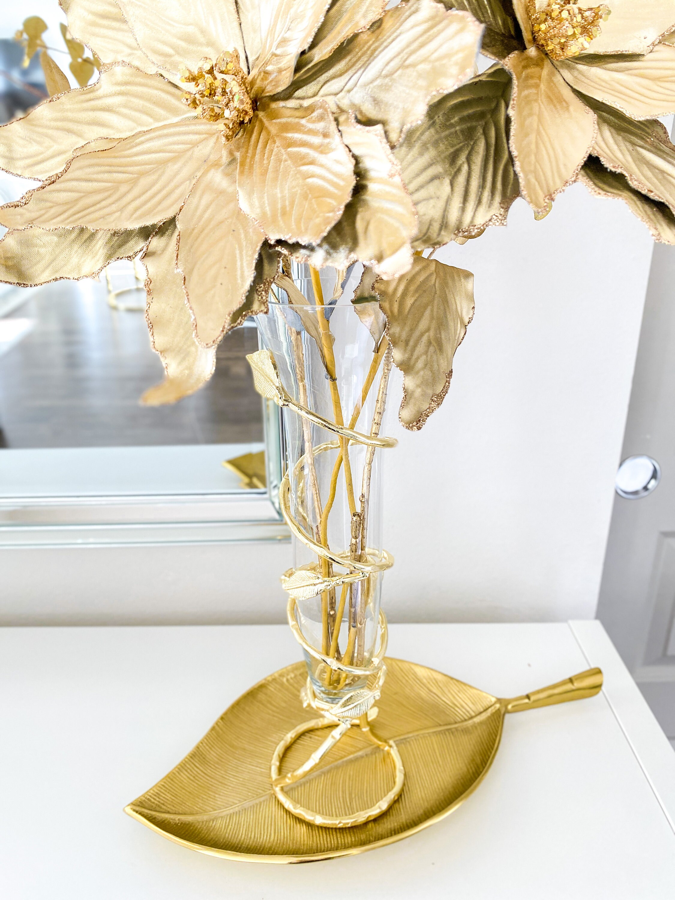 Gold Leaf Vase Gold Branch Vase Long Glass Vase Gold Etsy